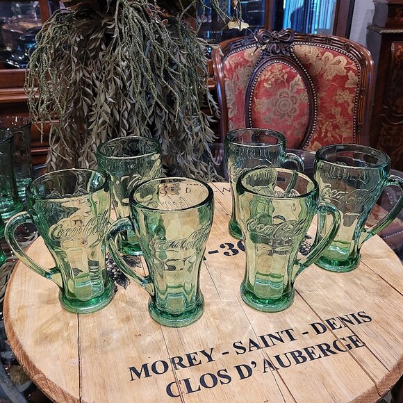 Set of 6 Vintage Libbey Green Glass Coca-Cola Coke Mug with Handle 14oz - Picture 1 of 6